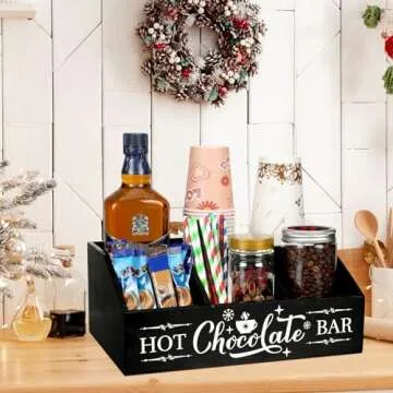 Barydat Christmas Hot Cocoa Bar Wood Coffee Station Organizer Countertop with 4 Compartment Coffee Bar Decorative Holder Xmas Basket Organizer Bin for Kitchen Holiday Gift Party Home Supplies(Black)