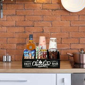 Barydat Christmas Hot Cocoa Bar Wood Coffee Station Organizer Countertop with 4 Compartment Coffee Bar Decorative Holder Xmas Basket Organizer Bin for Kitchen Holiday Gift Party Home Supplies(Black)