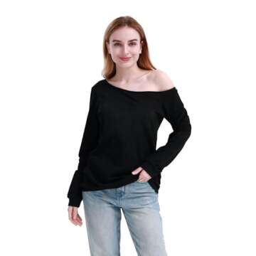 MAGICMK Woman’s Sweatershirt Lips Print Causal Blouse Off The Shoulder Long Sleeve Loose Slouchy Pullover Plus Size Tops Black(M)