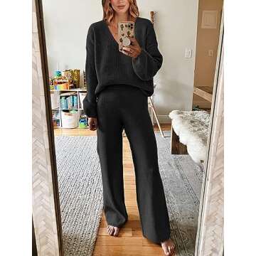 ANRABESS Women 2 Piece Outfits Sweater Lounge Sets Long Sleeve Cable Knit Pullover and Wide Leg Pants Tracksuit Matching Set Black Small