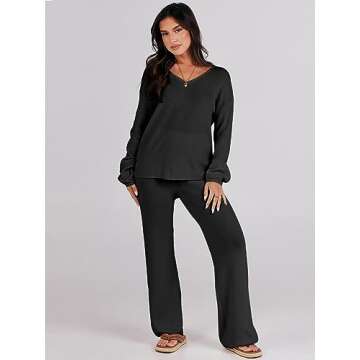 ANRABESS Women 2 Piece Outfits Sweater Lounge Sets Long Sleeve Cable Knit Pullover and Wide Leg Pants Tracksuit Matching Set Black Small