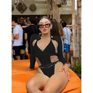 Rave Outfits for Women - EDC Festival Neon Bodysuit Long Swimsuits Mesh Buckle Shrug Crop Top Club P...