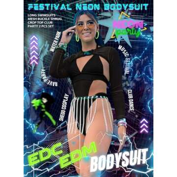 Vibrant Women's Rave Bodysuit with Mesh Shrug Set