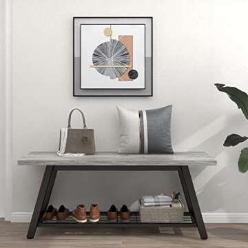 Oastreeful Grey Storage Bench Industrial Rustic Wooden and Metal Entryway Shoe Boots Storage Rack Long Bench Seat for Hallway Bedroom Rustic Farmhouse Style