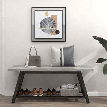 Oastreeful Grey Storage Bench Industrial Rustic Wooden and Metal Entryway Shoe Boots Storage Rack Long Bench Seat for Hallway Bedroom Rustic Farmhouse Style