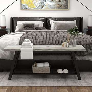 Oastreeful Grey Storage Bench Industrial Rustic Wooden and Metal Entryway Shoe Boots Storage Rack Long Bench Seat for Hallway Bedroom Rustic Farmhouse Style