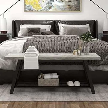 Oastreeful Grey Storage Bench Industrial Rustic Wooden and Metal Entryway Shoe Boots Storage Rack Long Bench Seat for Hallway Bedroom Rustic Farmhouse Style