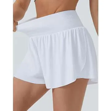 THE GYM PEOPLE Women's High Waisted Flowy Running Shorts 2 in 1 Athletic Workout Skirt Shorts White