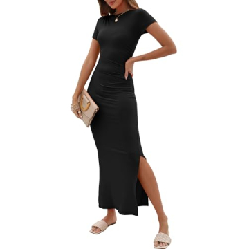 ANRABESS Women Summer Short Sleeve Ruched Bodycon Slit Elegant Club Evening Party Cocktail Formal We...