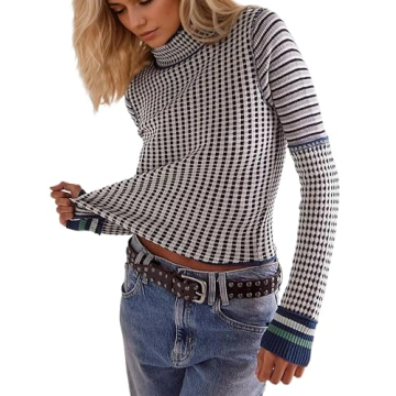 Burtell Casual Mock Neck Striped Cropped Sweater for Women Slim Fit Long Sleeve Plaid Pullover Sweat...