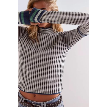 Burtell Casual Mock Neck Striped Cropped Sweater for Women Slim Fit Long Sleeve Plaid Pullover Sweater Color Block Knit Tops White