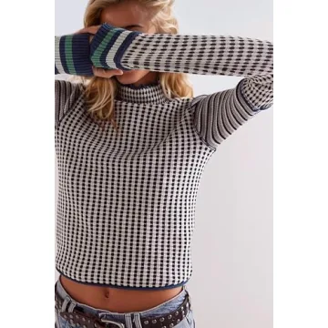 Burtell Casual Mock Neck Striped Cropped Sweater for Women Slim Fit Long Sleeve Plaid Pullover Sweater Color Block Knit Tops White