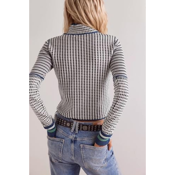 Burtell Casual Mock Neck Striped Cropped Sweater for Women Slim Fit Long Sleeve Plaid Pullover Sweater Color Block Knit Tops White
