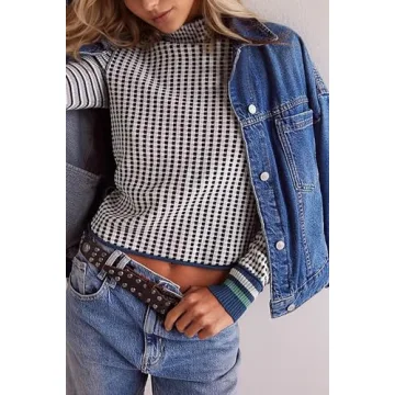 Burtell Casual Mock Neck Striped Cropped Sweater for Women Slim Fit Long Sleeve Plaid Pullover Sweater Color Block Knit Tops White