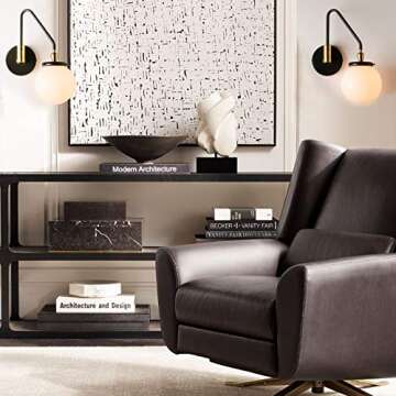 Pathson Swing Arm Wall Light, Modern Adjustable Bedside Lamp Wall Sconce Lighting E26 Base, 4.7" Base Wall Lamp Fixture with Milk White Globe Lampshade for Living Room Bathroom(Black)