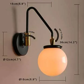 Pathson Swing Arm Wall Light, Modern Adjustable Bedside Lamp Wall Sconce Lighting E26 Base, 4.7" Base Wall Lamp Fixture with Milk White Globe Lampshade for Living Room Bathroom(Black)