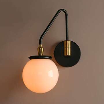 Pathson Swing Arm Wall Light, Modern Adjustable Bedside Lamp Wall Sconce Lighting E26 Base, 4.7" Base Wall Lamp Fixture with Milk White Globe Lampshade for Living Room Bathroom(Black)