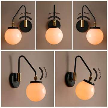 Pathson Swing Arm Wall Light, Modern Adjustable Bedside Lamp Wall Sconce Lighting E26 Base, 4.7" Base Wall Lamp Fixture with Milk White Globe Lampshade for Living Room Bathroom(Black)