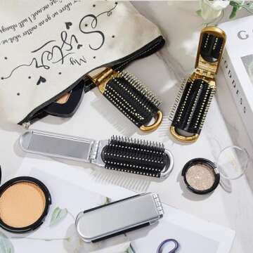 Uiifan 50 Pcs Travel Brush Compact Portable Folding Hair Brush with Mirror Bulk Pocket Size Mini Hair Brush for Men Women Hair Styling Purse Car Locker Toiletry Bag(Gold, Silver)
