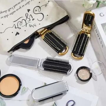 Uiifan 50 Pcs Travel Brush Compact Portable Folding Hair Brush with Mirror Bulk Pocket Size Mini Hair Brush for Men Women Hair Styling Purse Car Locker Toiletry Bag(Gold, Silver)
