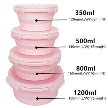 CARTINTS Silicone Collapsible Food Storage Containers-Prep/Storage Bowls with Lids – Set of 4 Round Silicone Lunch Containers – Microwave and Freezer Food Containers(pink)