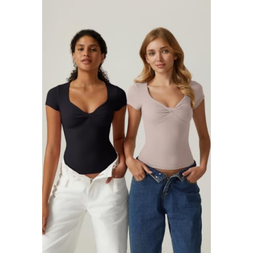 Stylish QINSEN Sexy V Neck Twist Front T Shirt