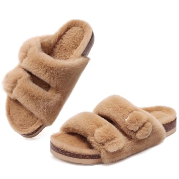 KIDMI Fuzzy Slippers for Women - Cork Footbed Comfort