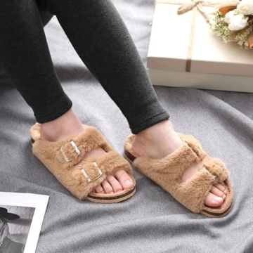KIDMI Fuzzy Slippers for Women - Cork Footbed Comfort