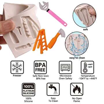 Hand Tool Molds for Chocolate, Silicone Construction Wrench Fondant Mould, 3 Packs Hammer Screwdriver Candy for Car Cake Decoration, Cupcake Topper for Father's Day Birthday Christmas Party