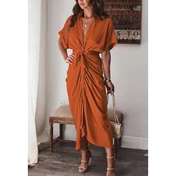 Elegant Orange Satin Shirt Dress for Weddings and Office