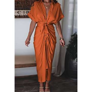 Elegant Orange Satin Shirt Dress for Weddings and Office