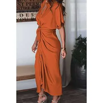 Elegant Orange Satin Shirt Dress for Weddings and Office