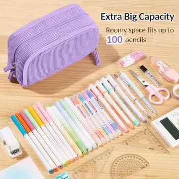 Sooez Big Capacity Pencil Case Pen Pouch, Soft Corduroy Pencil Bag with 3 Compartment, Multiple Pockets, Sturdy Zipper, Cute School Supplies Pen Bag Organizer For Teen Girls College