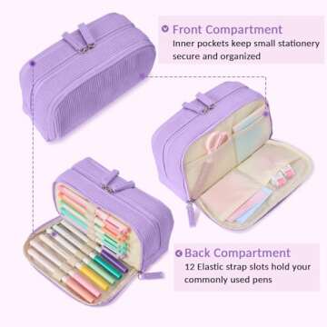 Sooez Big Capacity Pencil Case Pen Pouch, Soft Corduroy Pencil Bag with 3 Compartment, Multiple Pockets, Sturdy Zipper, Cute School Supplies Pen Bag Organizer For Teen Girls College