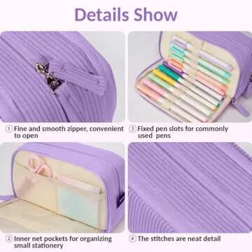 Sooez Big Capacity Pencil Case Pen Pouch, Soft Corduroy Pencil Bag with 3 Compartment, Multiple Pockets, Sturdy Zipper, Cute School Supplies Pen Bag Organizer For Teen Girls College