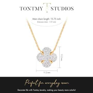 TONTMY STUDIOS Gold Clover Necklace for Women 14K Gold Plated CZ Solitaire Pendant Necklace Dainty Gold Flower Necklace Elegant Cubic Zirconia Choker Necklaces for Women Gold Jewelry
