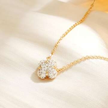 TONTMY STUDIOS Gold Clover Necklace for Women 14K Gold Plated CZ Solitaire Pendant Necklace Dainty Gold Flower Necklace Elegant Cubic Zirconia Choker Necklaces for Women Gold Jewelry
