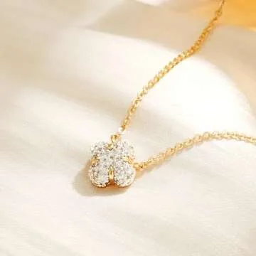TONTMY STUDIOS Gold Clover Necklace for Women 14K Gold Plated CZ Solitaire Pendant Necklace Dainty Gold Flower Necklace Elegant Cubic Zirconia Choker Necklaces for Women Gold Jewelry