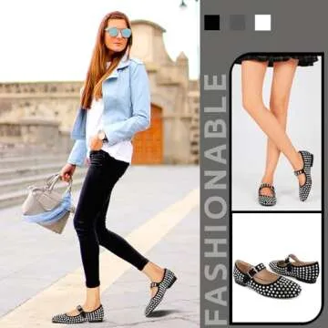 Uacllcau Womens Mary Jane Flat Shoes for Women Buckle Ankle Strap Studded Wedding Pumps Square Toe Chunky Heel Slip On Dressy Casual Ballet Flats