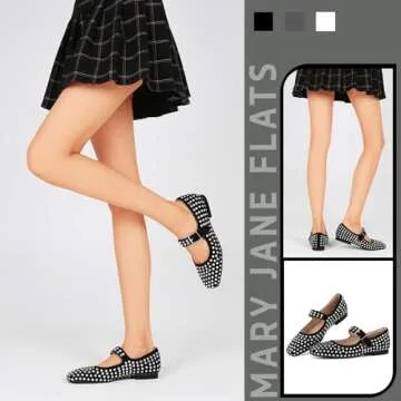 Uacllcau Womens Mary Jane Flat Shoes for Women Buckle Ankle Strap Studded Wedding Pumps Square Toe Chunky Heel Slip On Dressy Casual Ballet Flats