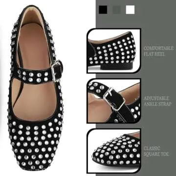 Uacllcau Womens Mary Jane Flat Shoes for Women Buckle Ankle Strap Studded Wedding Pumps Square Toe Chunky Heel Slip On Dressy Casual Ballet Flats