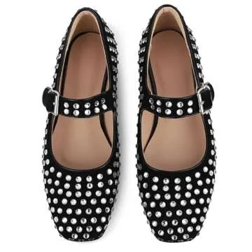 Uacllcau Womens Mary Jane Flat Shoes for Women Buckle Ankle Strap Studded Wedding Pumps Square Toe Chunky Heel Slip On Dressy Casual Ballet Flats