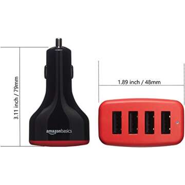 Amazon Basics 48W Four-Port USB-A Car Charger for Phones (iPhone 15/14/13/12/11/X, Samsung, and more), non-PPS, Black/Red