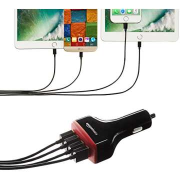Amazon Basics 48W Four-Port USB-A Car Charger for Phones (iPhone 15/14/13/12/11/X, Samsung, and more), non-PPS, Black/Red