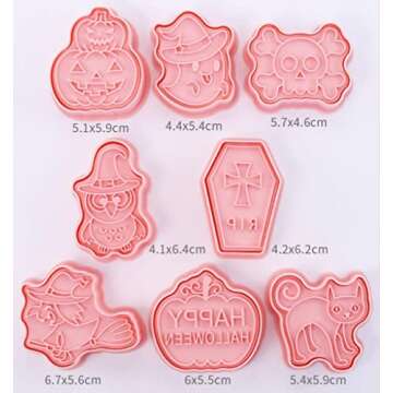 8 Pieces Cute Halloween Cookie Cutters Plastic Cookie Stamps Witch Cookie Mould Press Happy Halloween Cookie Mould Set Baking Kitchen Tools (Halloween 1227A)