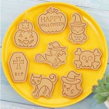 8 Pieces Cute Halloween Cookie Cutters Plastic Cookie Stamps Witch Cookie Mould Press Happy Halloween Cookie Mould Set Baking Kitchen Tools (Halloween 1227A)