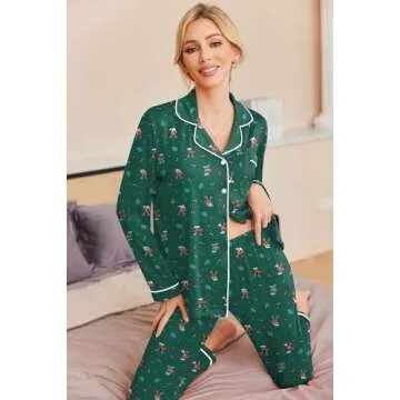Ekouaer Pajamas Women's Long Sleeve Sleepwear Soft Button Down Loungewear Pjs Lounge Set Nightwear,Christmas Green with Elk,Medium