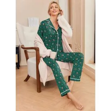 Ekouaer Pajamas Women's Long Sleeve Sleepwear Soft Button Down Loungewear Pjs Lounge Set Nightwear,Christmas Green with Elk,Medium