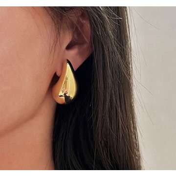 Chunky Gold Hoop Earrings for Women, Lightweight Waterdrop Hollow Open Hoops Tear Drop Silver Gold Trending Oversized Statement Style Earrings Hypoallergenic Gold Plated Earrings Fashion Jewelry for