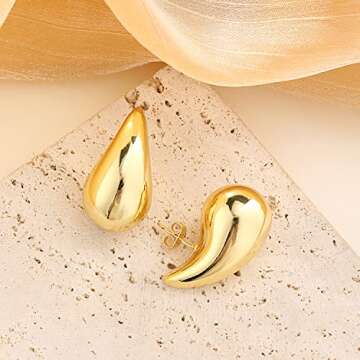 Chunky Gold Hoop Earrings for Women, Lightweight Waterdrop Hollow Open Hoops Tear Drop Silver Gold Trending Oversized Statement Style Earrings Hypoallergenic Gold Plated Earrings Fashion Jewelry for